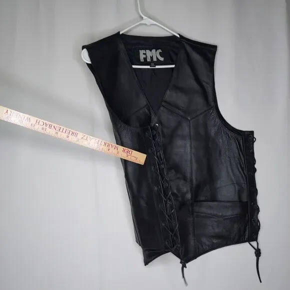 FMC Mens Leather Vest 46 Black Side Laced Grommet Snap Front V-Neck Pockets - Picture 9 of 9
